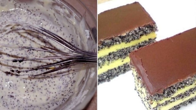 Makový koláč s vanilkovým krémem a čokoládovou polevou