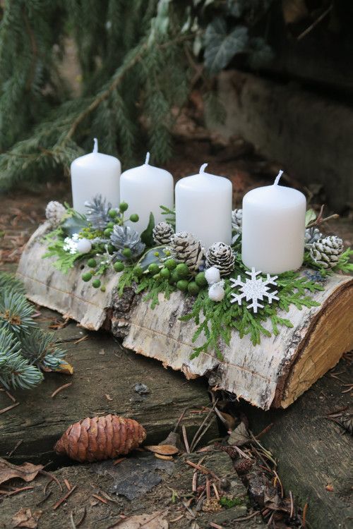 Adventní dekorace vytvořené z dřevěného polínka a svíčka – 25+ nápadů