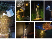 Inspirace na krásnou zahradní dekoraci ze světýlek a starých konvic