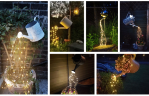 Inspirace na krásnou zahradní dekoraci ze světýlek a starých konvic