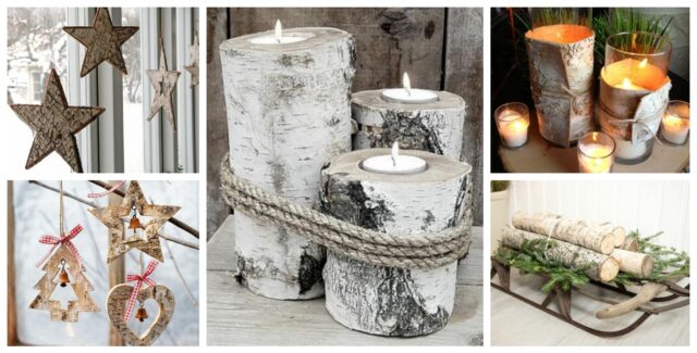 zimní dekorace vytvořené z březové kůry a dřeva – krásné přírodní nápady