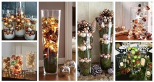 naplňte skleněnou vázu nebo nádobu vánočními ozdobami a šiškami