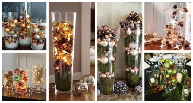 naplňte skleněnou vázu nebo nádobu vánočními ozdobami a šiškami naplňte skleněnou vázu nebo nádobu vánočními ozdobami a šiškami