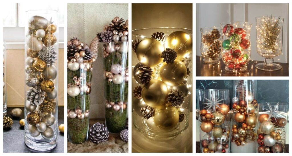 naskládejte vánoční koule do skleněné nádoby – inspirace zimní dekorace