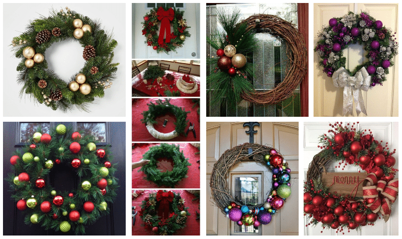 vánoční koule, jako součást věnců na vchodových dveří – inspirujte se!