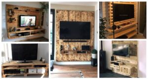Televizní stolek a obývací stěna vytvořena z dřevěných palet