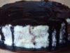 Kokosový dort plněný vanilkovým pudinkem s čokoládovou polevou