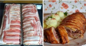 Pečená roláda s uzeným kolenem obalená v křupavé slanině Pečená roláda s uzeným kolenem obalená v křupavé slanině