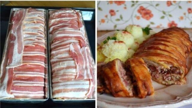 Pečená roláda s uzeným kolenem obalená v křupavé slanině