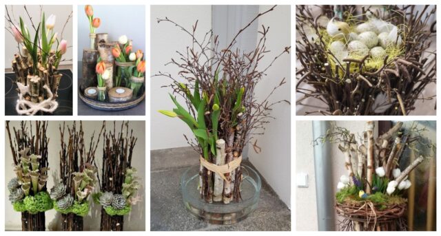 stačí k sobě svázat několik popadaných větviček a máte hotové dekorace na jaro