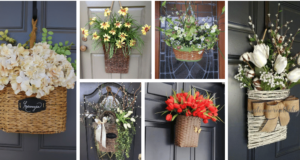 jarní květinové dekorace na vaše vchodové dveře! základem je obyčejný proutěný košík