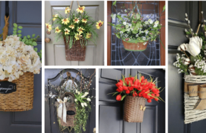 jarní květinové dekorace na vaše vchodové dveře! základem je obyčejný proutěný košík