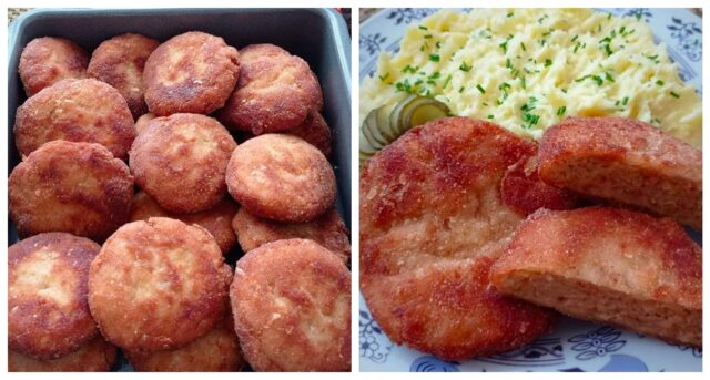 mleté řízky pečené v troubě se zakysanou smetanou a bramborovou kaší