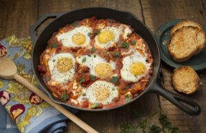 Vejce zapečená v rajčatové omáčce (Shakshuka), na snídaně a večerě vynikající