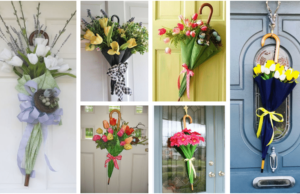 netradiční jarní dekorace na vchodové dveře – využijte obyčejný deštník!