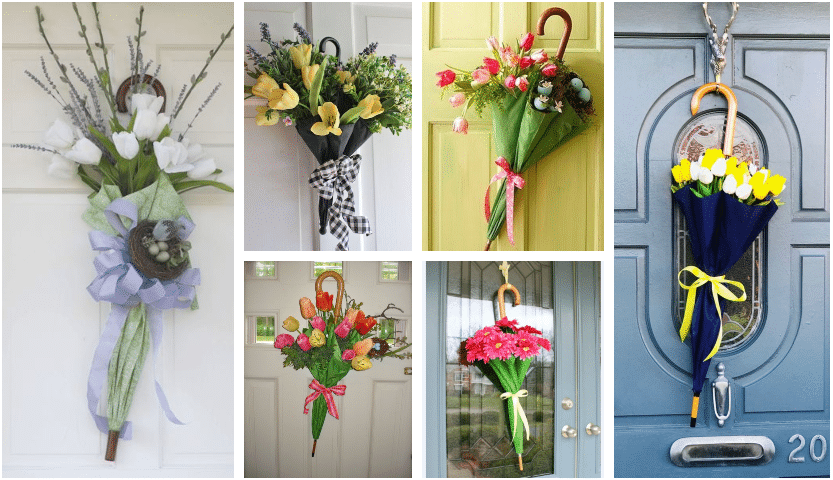 netradiční jarní dekorace na vchodové dveře – využijte obyčejný deštník!