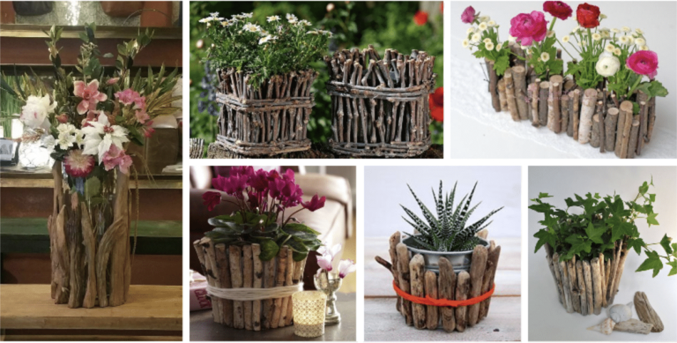inspirace na zkrášlení květin a květináčů: využili jsme obyčejné dřevo!