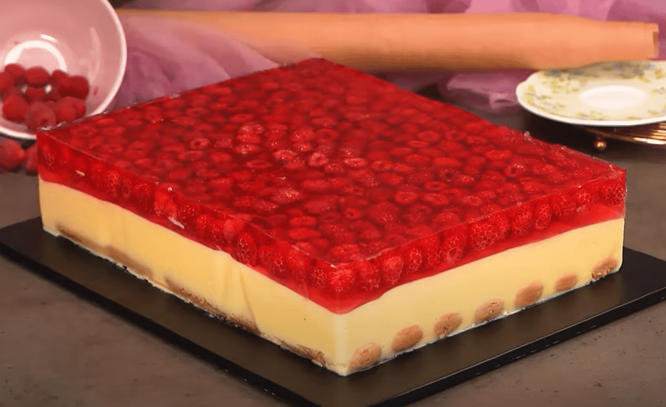 malinový dort s fantastickým vanilkovým krémem, piškoty a želatinou