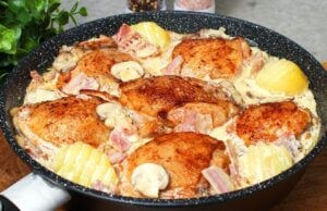 recept s kuřecími paličkami, bramborami a žampióny v lahodné omáčce