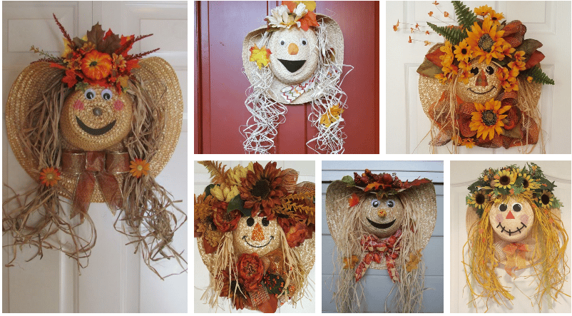 netradiční podzimní dekorace na vaše vchodové dveře – využijte slaměné klobouky!
