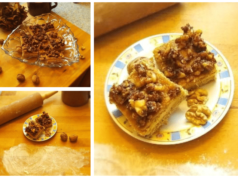 medové kostky s vlašskými ořechy a vanilkovým krémem