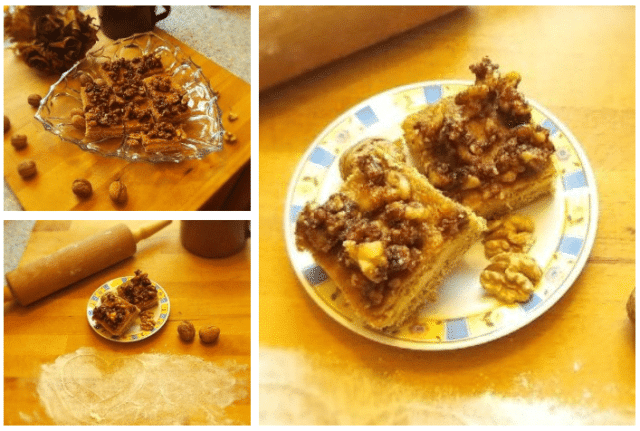 medové kostky s vlašskými ořechy a vanilkovým krémem