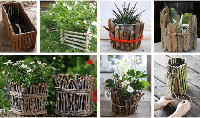 využili jsme drobné větve a klacíky na zkrášlení našich nevzhledných květináčů: prima inspirace