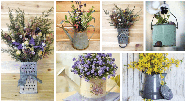 inspirace na krásné květinové dekorace: využít můžete netradičně struhadla, konve či hrnce