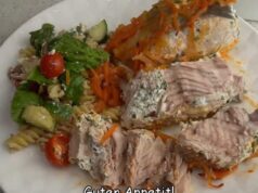 fantastický recept na pečené ryby ve smetanové marinádě s těstovinovým salátkem