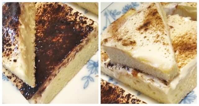 péřová buchta – kombinace piškotového těsta, vanilkového pudinku a zakysané smetany