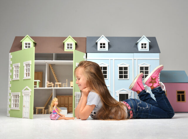 Baby,Girl,Kid,Playing,With,Doll,House,Stuffed,With,Mini