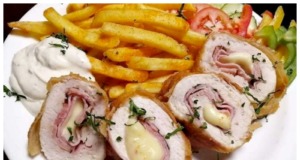 Recept na plněná kuřecí prsa šunkou a sýrem s hranolkami