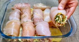 Závitky z kuřecích prsou zapečené s bramborami Závitky z kuřecích prsou zapečené s bramborami