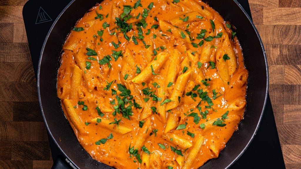 Krémové penne s rajčatovou omáčkou, česnekem a sýrem – jednoduchý recept