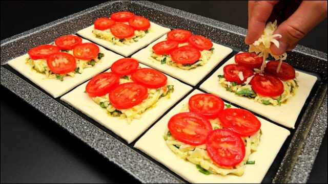 Lahodná křupavá chuťovka z listového těsta s pestem, sýrem a rajčaty