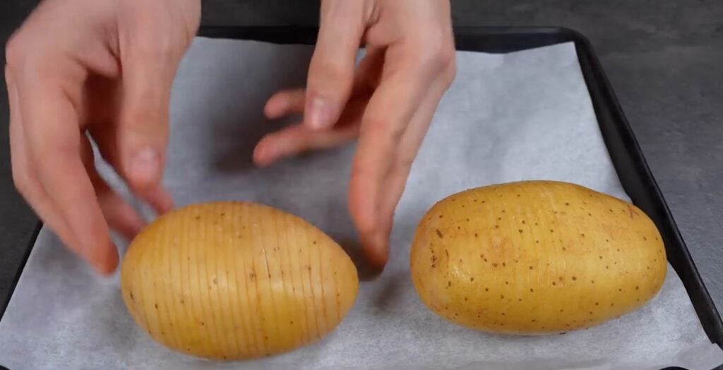 Crispy and golden fan-shaped potatoes filled with ham and cheese