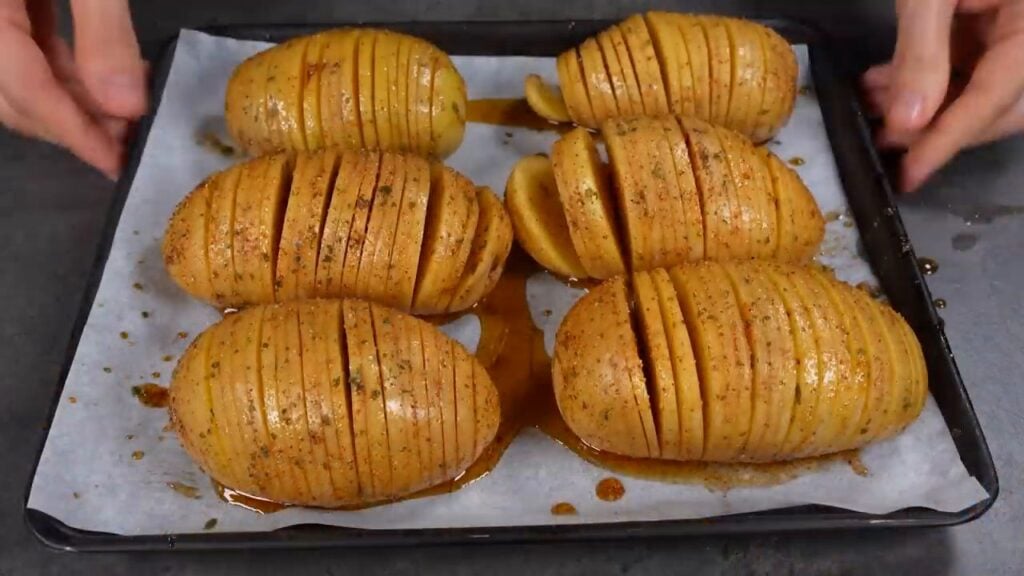 Crispy and golden fan-shaped potatoes filled with ham and cheese