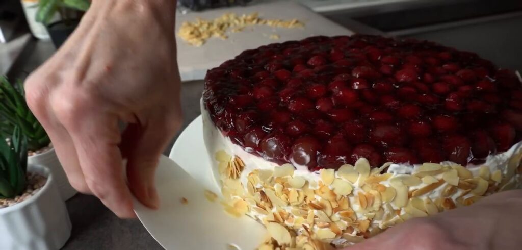 A stunning fruit cake with cottage cheese and cherry cream with mascarpone