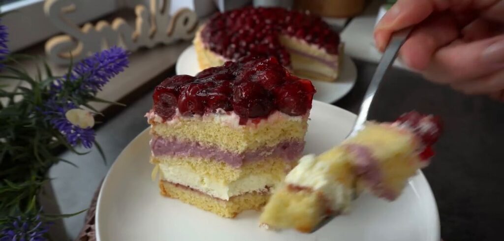 A stunning fruit cake with cottage cheese and cherry cream with mascarpone