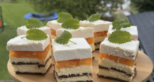 Lahůdkový broskvový cheesecake se sušenkami, pudinkem a jemnou šlehačkovou peřinkou