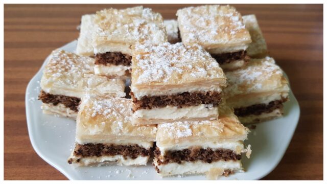 Ořechové řezy s listovým těstem: Luxusní dezert s krémem a ořechovou vrstvou