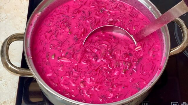 Delikátní polévka z červené řepy s okurkami, vejcem, zelenou cibulkou, koprem, kefírem a minerální vodou Delikátní polévka z červené řepy s okurkami, vejcem, zelenou cibulkou, koprem, kefírem a minerální vodou