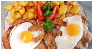 Recept na holštýnský přírodní vepřový plátek s volským vejcem a slaninou Holštýnský přírodní vepřový plátek s volským vejcem a slaninou