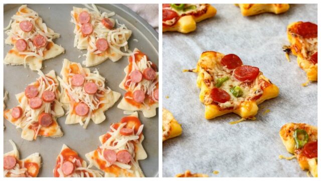 Slané vánoční stromečky z listového těsta se sýrem a rajčatovou omáčkou