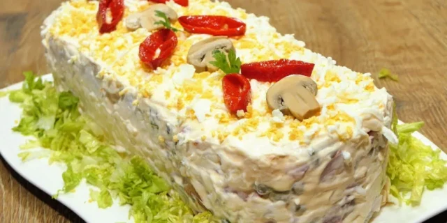 Elegantní vrstvený salát se šunkou, vejci a marinovanými houbami: Elegance na talíři! Elegantní vrstvený salát se šunkou, vejci a marinovanými houbami: Elegance na talíři!