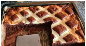 Recept na vláčný kakaový koláč s tvarohovou mřížkou
