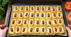 Křehké jednohubky z listového těsta s mini párečky a sýrem – rychlý recept