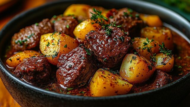 Hovězí dušené s kořenovou zeleninou a bramborami