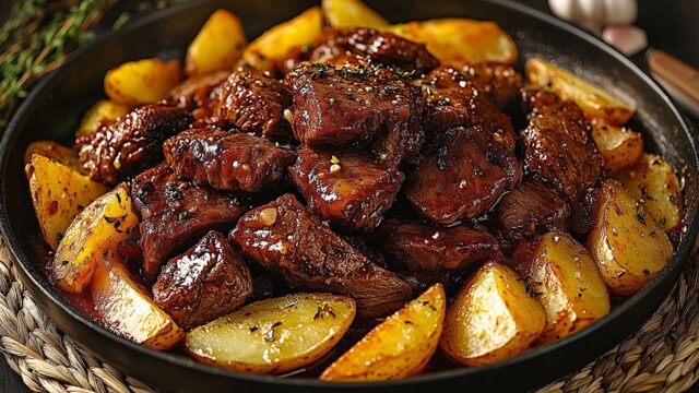 Dušené hovězí maso s pečenými bramborami s fetou a koriandrovou omáčkou