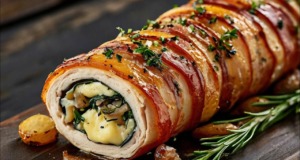 Kuřecí roláda se špenátem, žampiony a křupavou slaninou Kuřecí roláda se špenátem, žampiony a křupavou slaninou